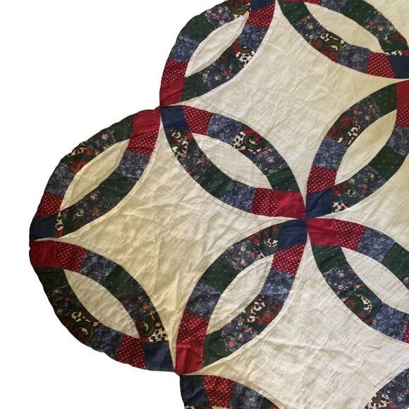 Vintage Hand Stitched Double Wedding Ring Quilt Patchwork Multicolored 82 x 98 - Picture 4 of 8